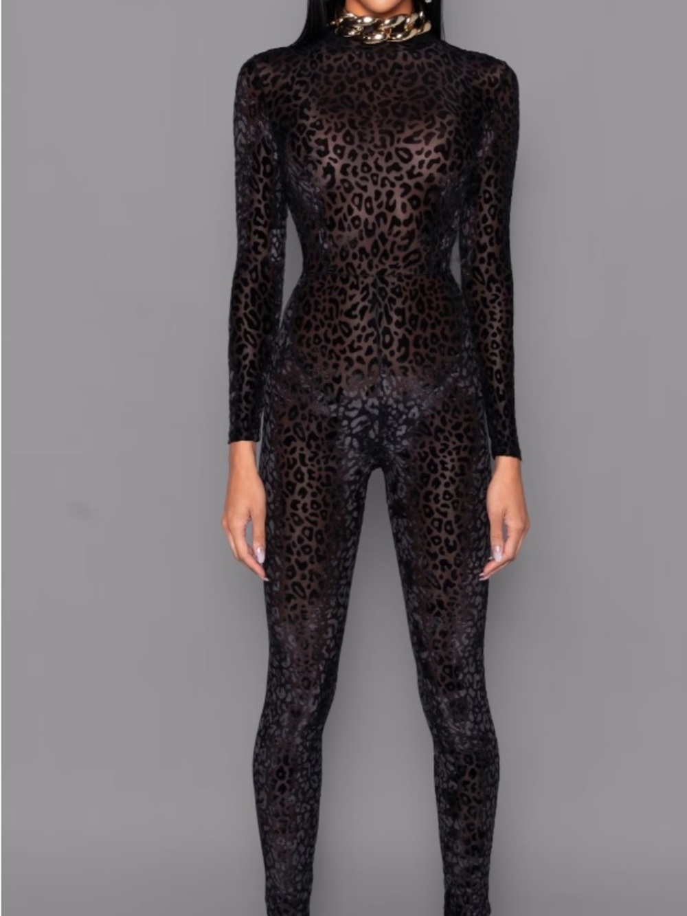 Black Sheer Leopard-Print Long-Sleeve Bodysuit